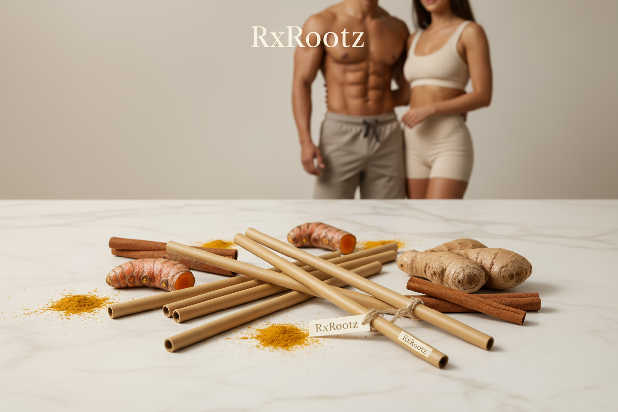 Two people standing behind a display of cinnamon sticks, ginger, and turmeric with 'RxRootz' branding.