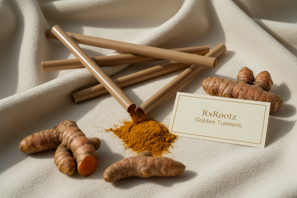 Turmeric roots and powder with 'RxRootz Golden Turmeric' label on a textured fabric background